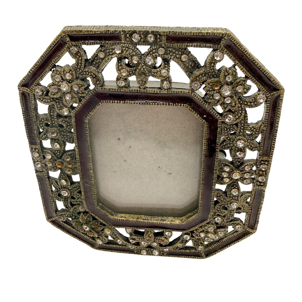 Vintage Style Octagon Filigree Rhinestone Enamel Miniature Picture Frame Brass
